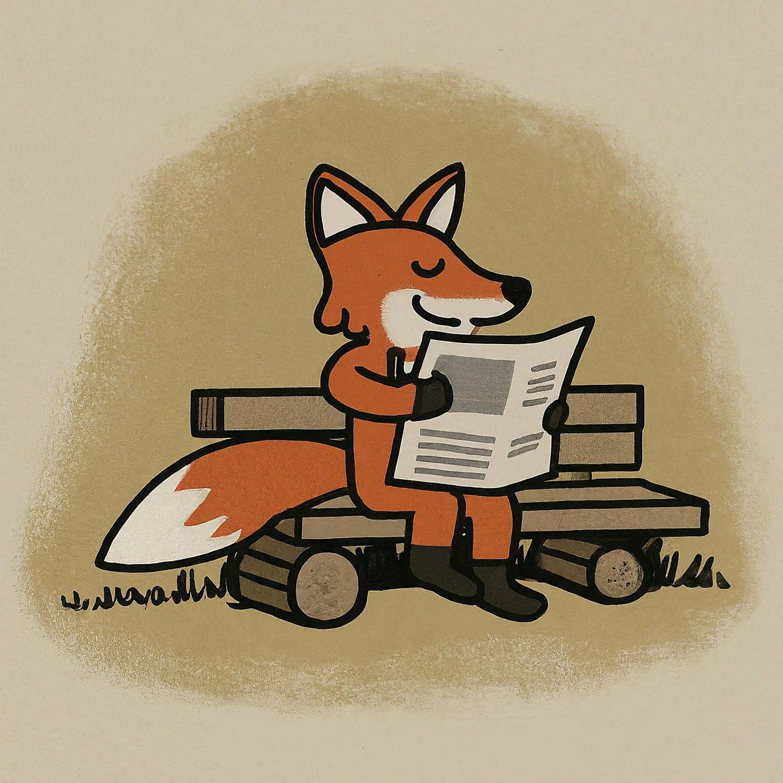 un renard sur un banc lisant un journal
