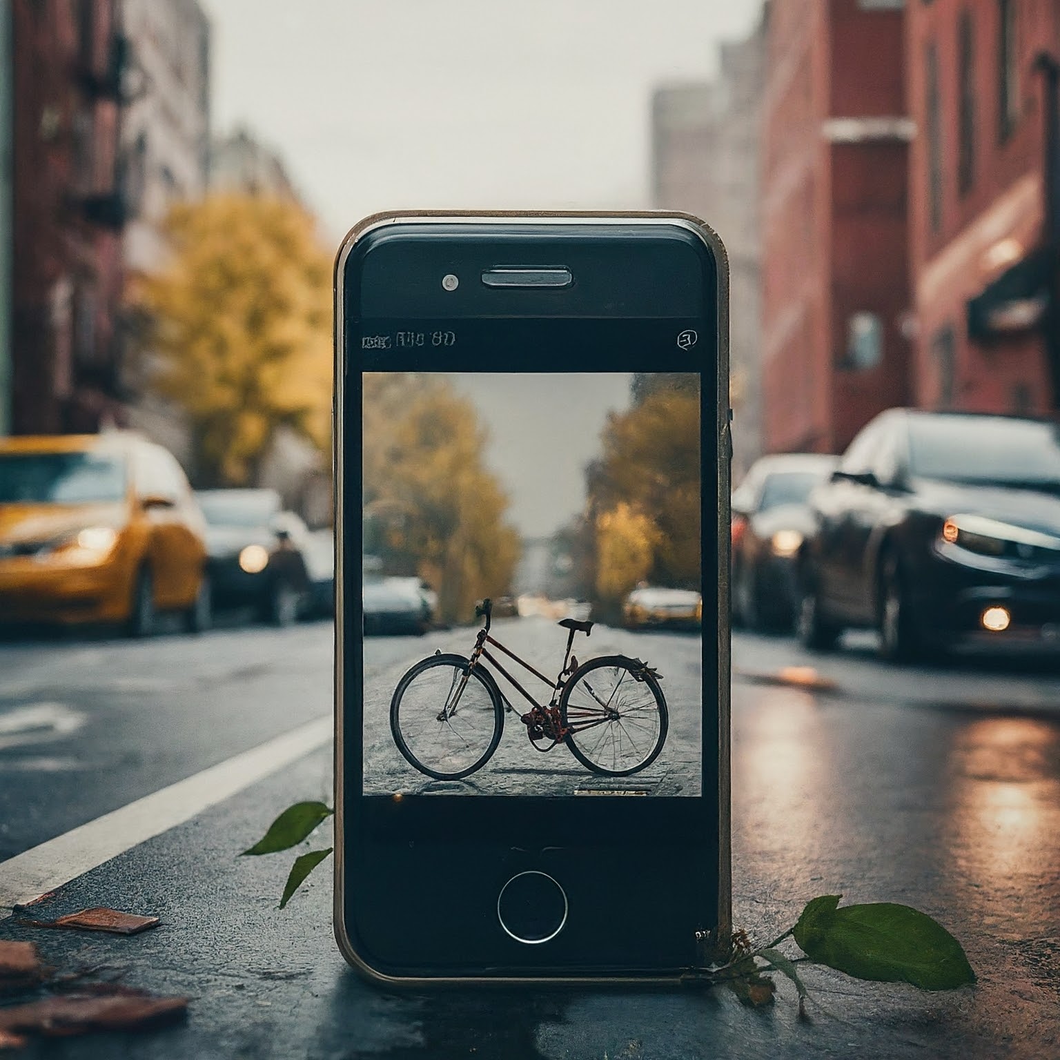 Un ancien smartphone avec une photo de vélo dans la rue avec des petites pouces